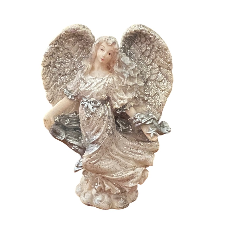 Vintage Glitter Guardian Angel Figurine White Resin Christmas Decor Statue. EUC